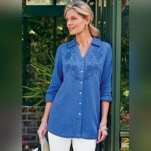 Soft Surroundings Escambia Gauze Tunic Cotton Button Down Shirt Embroidered